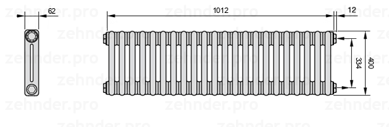 Схема (чертеж) Радиатор Zehnder Charleston 2040/22 №7610 Белый глянцевый RAL 9016